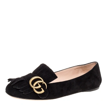 Pre-owned Gucci Black Suede Leather Gg Marmont Fringe Detail Ballet Flats Size 36.5