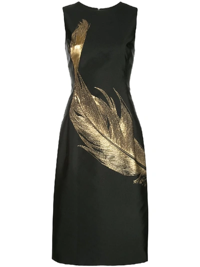 Shop Oscar De La Renta Feather Fitted Sleeveless Dress In Black