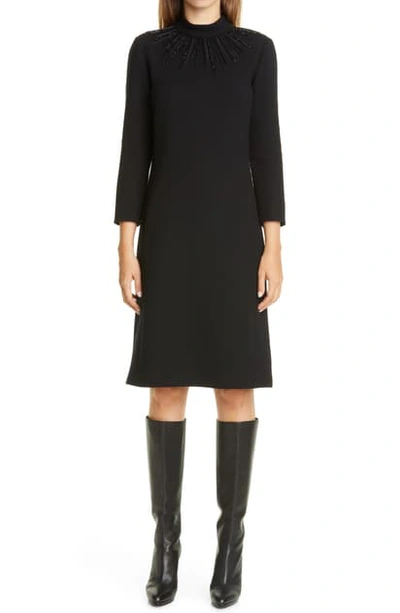 Shop Lafayette 148 Adira Embellished Nouveau Wool Crepe A-line Dress In Black