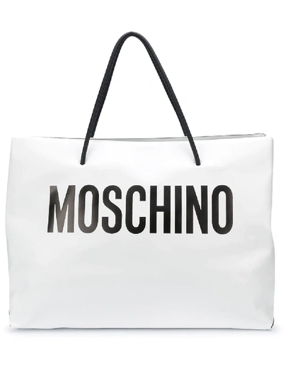 Shop Moschino Leather Logo-print Tote Bag In White