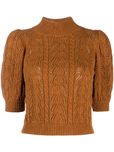 Shop Alice And Olivia Pointelle Knit Puff-sleeve Top In Brown