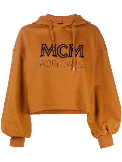 Shop Mcm Cropped Logo Drawstring Hoodie In Brown