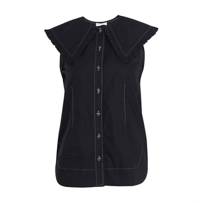 Shop Ganni Cotton Sleeveless Shirt In Black