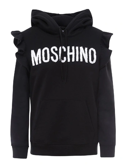 Shop Moschino Bead Logo Ruffled Hoodie In Black