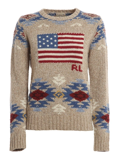 Shop Polo Ralph Lauren American Flag Intarsia Sweater In Beige