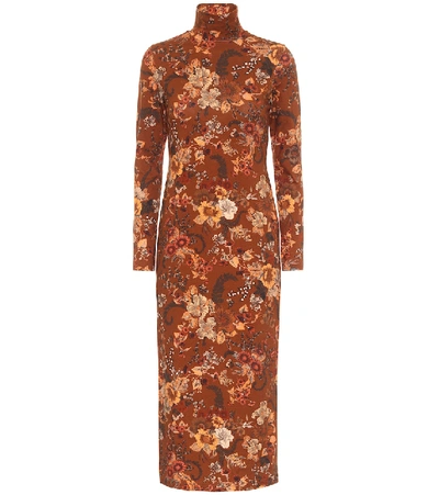 Shop Balenciaga Floral Stretch-cotton Midi Dress In Brown