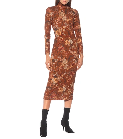 Shop Balenciaga Floral Stretch-cotton Midi Dress In Brown