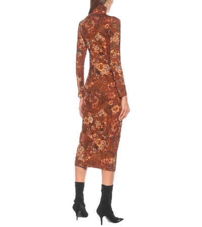 Shop Balenciaga Floral Stretch-cotton Midi Dress In Brown