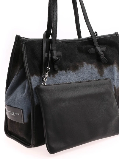 Shop Gianni Chiarini Calf Hair Shopping Bag In Light Blue And Black