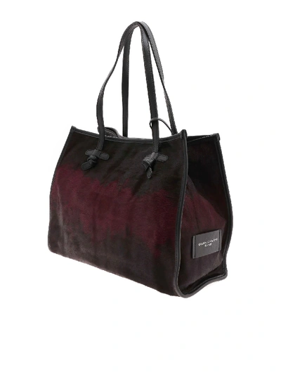 Shop Gianni Chiarini Calf Hair Shopping Bag In Burgundy And Black