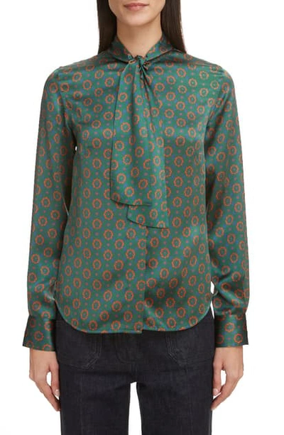 Shop Victoria Beckham Tie Neck Silk Shirt In Green/ Red