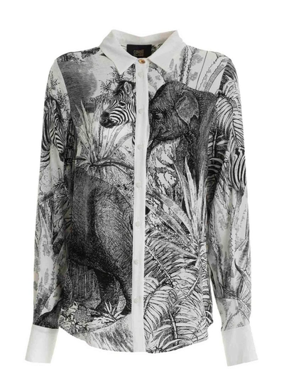 Shop Class Roberto Cavalli Jungle Print Crepe Shirt In Black And White