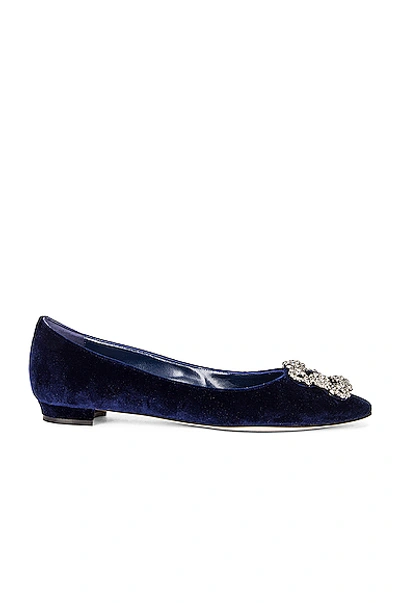 Shop Manolo Blahnik Hangisi Velvet Flat In Navy