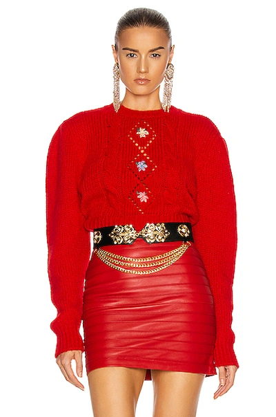 Shop Alessandra Rich Wool Mini Sweater With Floral Details In Red