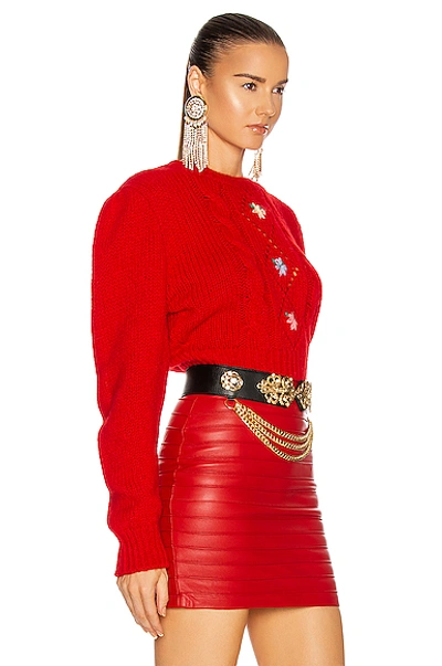 Shop Alessandra Rich Wool Mini Sweater With Floral Details In Red