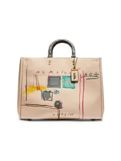 Shop Coach X Basquiat Famous Snakeskin-trimmed Leather Tote In Ivory