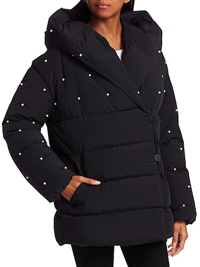 Shop Mackage Aura Faux Pearl Embellished Puffer Jacket In Black