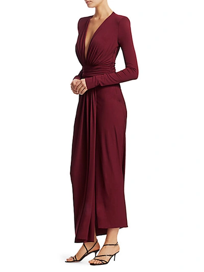 Shop Alexandre Vauthier Gathered Jersey Plunging Long-sleeve Gown In Burgundy