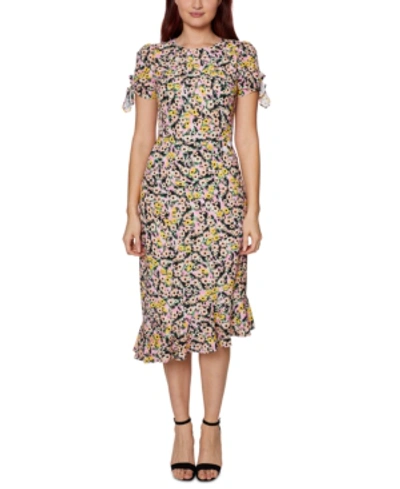 Shop Betsey Johnson Floral-print Embellished Tie-sleeve Dress In Multi