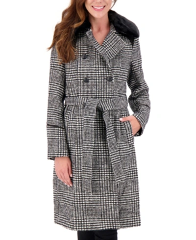 Shop Vince Camuto Plaid Faux-fur-collar Double-breasted Belted Coat In Black/white Plaid