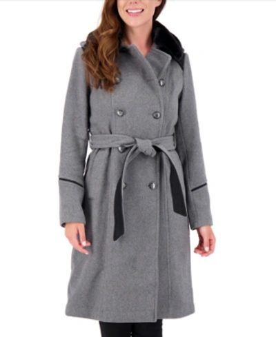 Shop Vince Camuto Faux-fur-collar Double-breasted Belted Coat In Medium Grey
