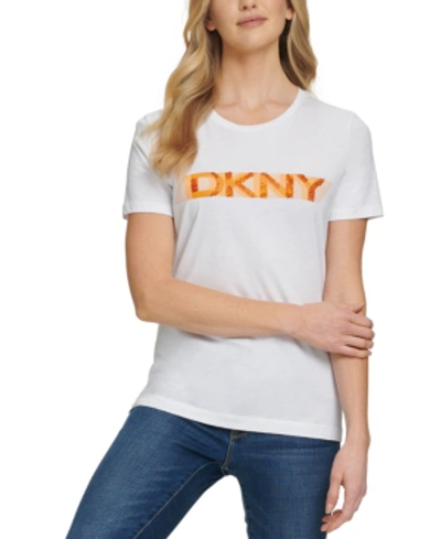 Shop Dkny Striped Logo Knit Top In White/sunset