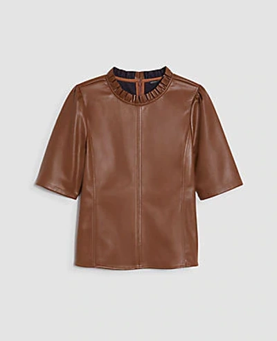 Shop Ann Taylor Faux Leather Ruffle Neck Top In Chestnut Brown