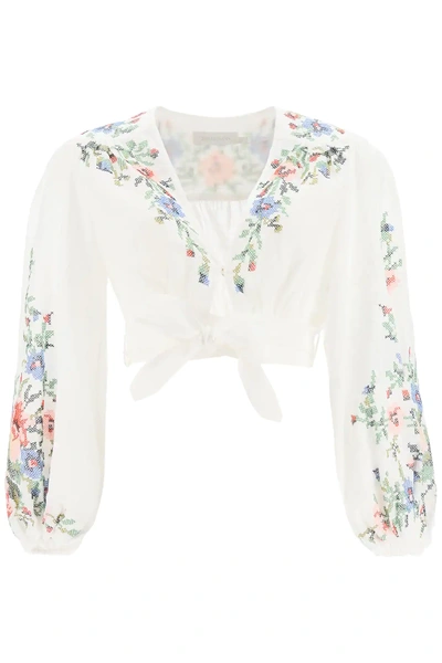 Shop Zimmermann Juliette Top With Embroideries In White,green,blue