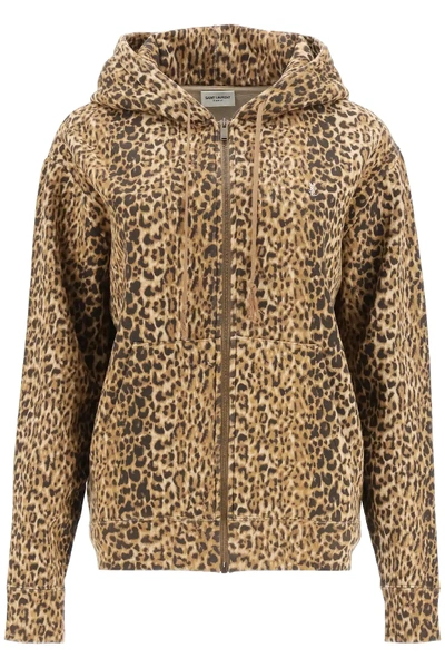 Shop Saint Laurent Leopard Sweatshirt With Hood In Beige,brown,black