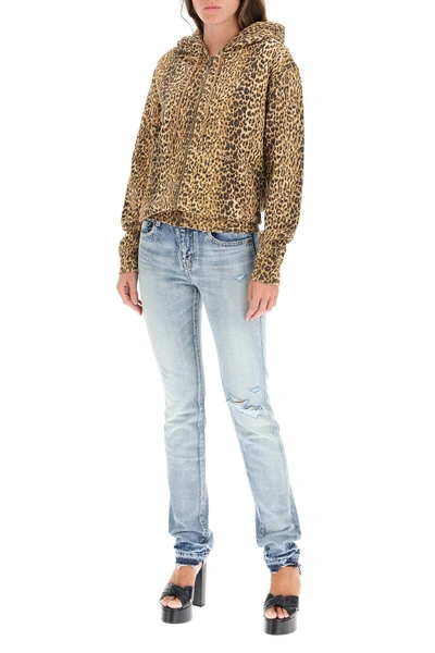 Shop Saint Laurent Leopard Sweatshirt With Hood In Beige,brown,black