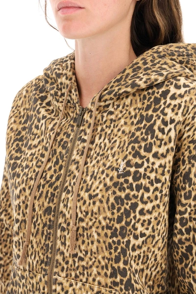 Shop Saint Laurent Leopard Sweatshirt With Hood In Beige,brown,black