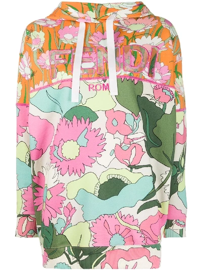 Shop Fendi Floral Print Logo Hoodie In Neutrals