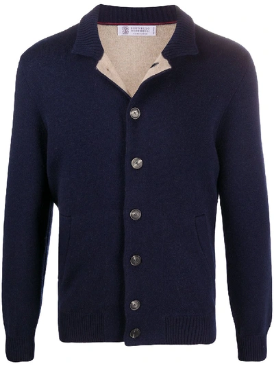 Shop Brunello Cucinelli Stand-up Collar Buttoned Cardigan In Blue