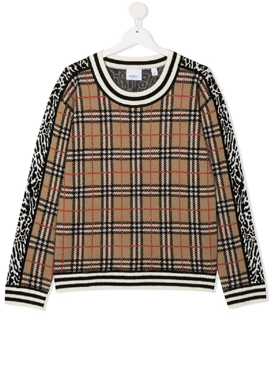 Shop Burberry Teen Panelled Check Jumper In Neutrals