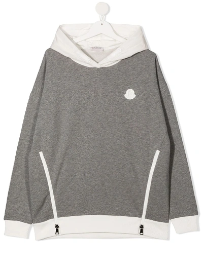 Shop Moncler Teen Zipped Logo Hoodie In Grey