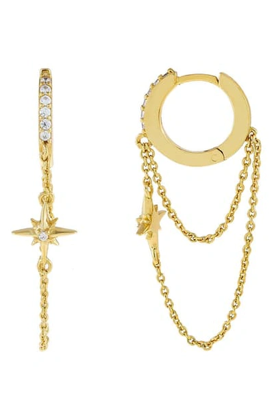 Shop Adinas Jewels Pave Starburst Chain Huggie Hoop Earrings In Gold