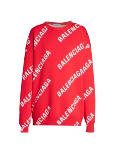 Shop Balenciaga Oversized Logo Wool-blend Knit Sweater In Red White