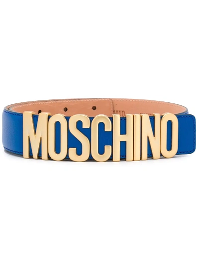 Shop Moschino Logo Leather Belt In Blue