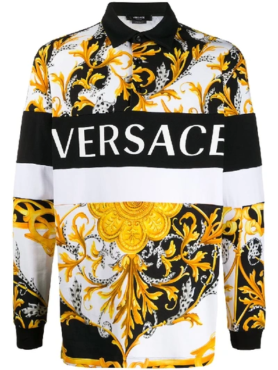 Shop Versace Mixed-print Long-sleeve Polo Shirt In White