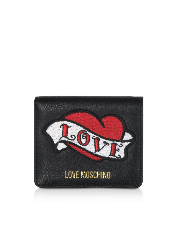 Love Moschino Black Genuine Leather Small Womens Wallet W/heart Patch | ModeSens