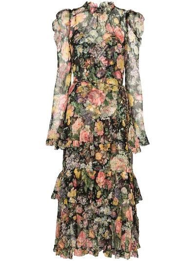 Shop Zimmermann Ladybeetle Floral-print Puff-sleeve Dress In Black