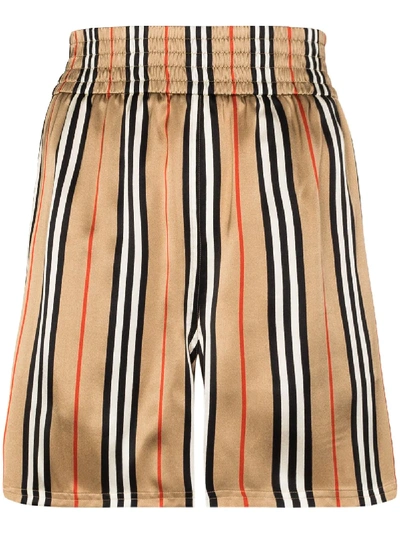 Shop Burberry Marsett Icon Striped Silk Shorts In Brown