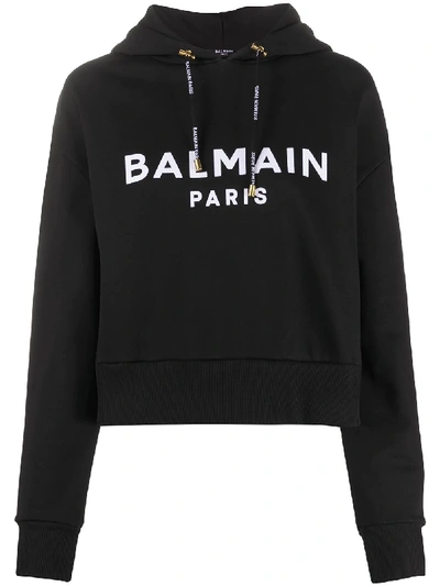 Shop Balmain Logo-print Cropped Hoodie In Black