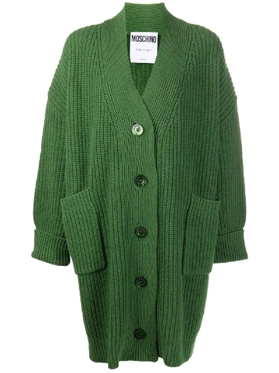 Shop Moschino Oversized Ribbed V-neck Cardigan In Green