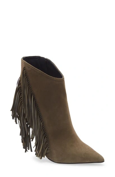 Shop Allsaints Izzy Fringe Pointed Toe Bootie In Khaki Suede