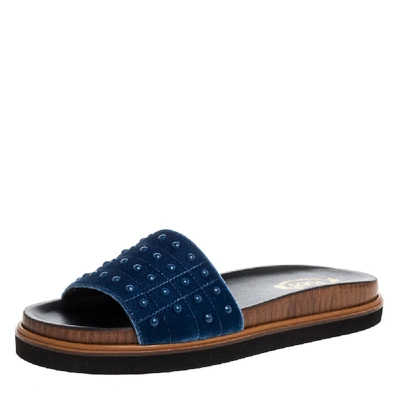 Pre-owned Tod's Blue Velvet Studded Flat Slides Size 39