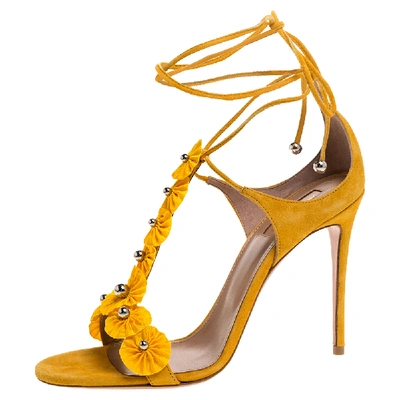 Pre-owned Aquazzura Yellow Suede And Fabric Exotic T Strap Ankle Wrap Sandals Size 40