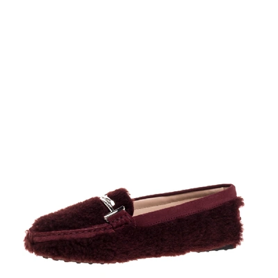 Pre-owned Tod's Burgundy Shearling And Suede Leather Double T Slip On Loafers Size 37