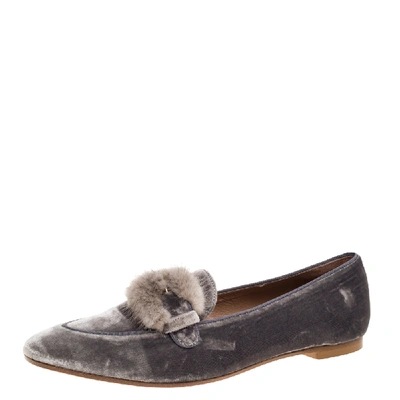 Pre-owned Aquazzura Grey Velvet And Mink Fur Buckle Slip On Loafers Size 40