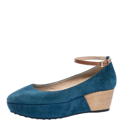 Pre-owned Tod's Blue Suede Ankle Strap Platform Wedge Pumps Size 38.5